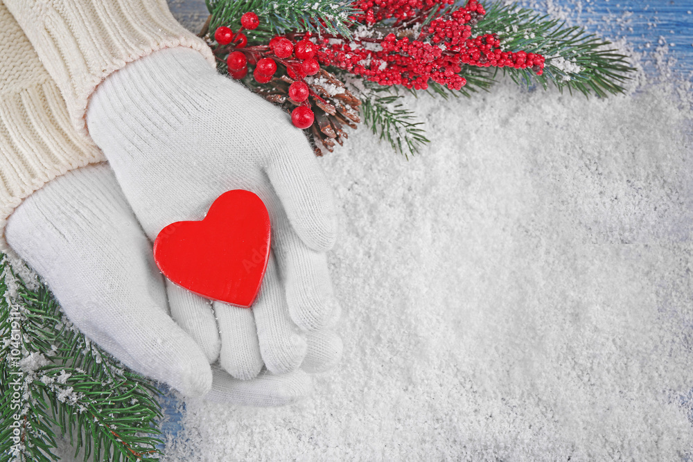 Female hands in mittens with decorative heart on snow background