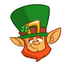 Head of a smiling leprechaun, the symbol of St. Patrick's day isolated on white background. Vector illustration