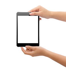 Poster - hand holding black tablet isolated on white clipping path inside