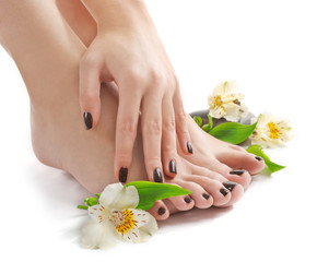 Sticker - Manicured female feet and hand with spa stones and flowers isolated on white