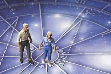 Wall Mural - astrology chart with couple figurines, concept for astrology and love