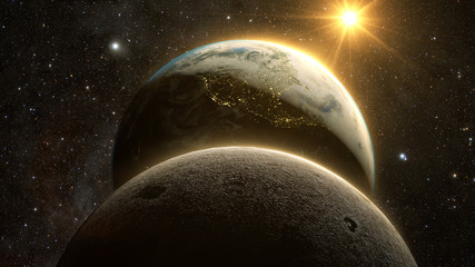 Wall Mural - spectacular sunrise view over planet earth and moon