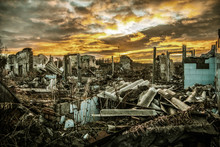 Apocalyptic Landscape.The Remains Of Destroyed Houses At Sunset
