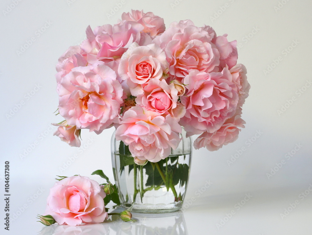 Bouquet of pink roses in a vase. Romantic floral still life with pink roses. - obrazy, fototapety, plakaty 