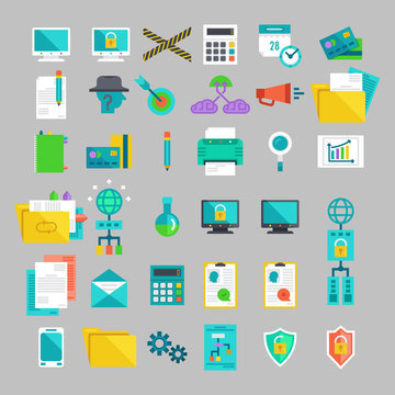 Vector flat icons set with concepts of business, office work, ma
