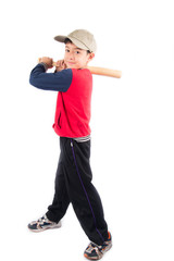 Wall Mural - Little boy taking baseball bat on white background