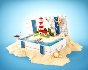 Sticker - Cute lighthouse on the island in opened wooden box on a pile of sand