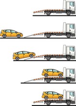 Set Of Auto Transporter And Car Isolated On White Background In Flat Style In Different Positions. Vector Illustration.