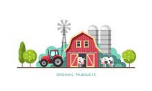 Farming Background With Barn, Windmill, Tractor And Cows. Organic Products, Farm Fresh Products Concept. Vector Illustration.