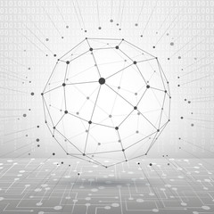 Poster - Triangular abstract monochrome lined 3D illustration, vector digital eps8 lattice messy technology background with spherical object.