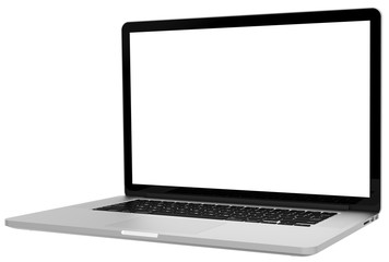 Wall Mural - Laptop with blank screen isolated on white background, white aluminium body.Whole in focus. High detailed. Template, mockup.