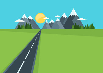 Wall Mural - Beautiful country highway in field and mountains. Rural nature, flat style illustration. Summer or spring green landscape background with space for text. Travel and safety traffic concept. 