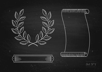 Wall Mural - set of old vintage ribbon banner, laurel wreath in engraving style