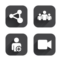 Poster - Group of people and share icons. Video camera.