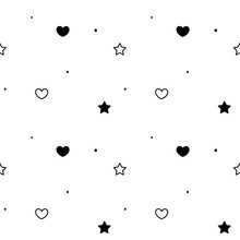 Black White Simple Seamless Vector Pattern Background Illustration With Hearts And Stars