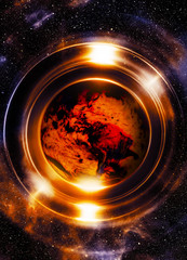 Poster - Planet earth in light circle, Cosmic Space background. Computer collage. Earth concept. Elements of this image furnished by NASA