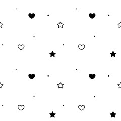 black white simple seamless vector pattern background illustration with hearts and stars