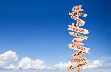 Direction to different places of the world, travel concept