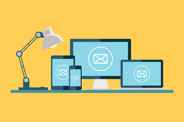 Poster - Email icon. Desktop computer, laptop, tablet and smartphone with email icon on the screen. Vector illustration.