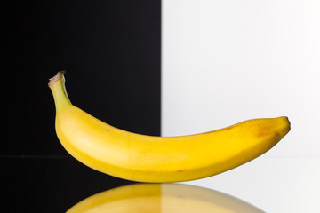 Single banana isolated on black and white background