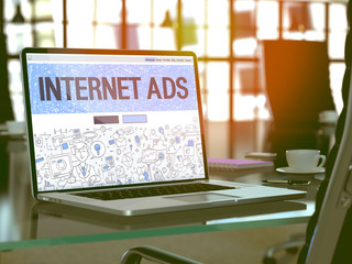 Poster - Internet Ads - Closeup Landing Page in Doodle Design Style on Laptop Screen. On Background of Comfortable Working Place in Modern Office. Toned, Blurred Image. 3D Render.