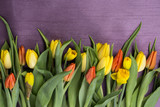 Fototapeta Kwiaty - Wiosenny bukiet kwiatów z żółtych i czerwonych tulipanów oraz żonkili  w na fioletowym tle