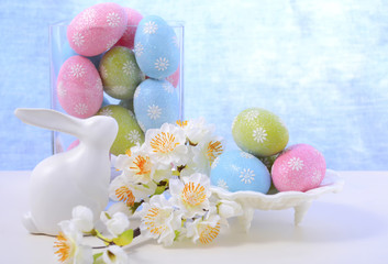 Wall Mural - Easter pastel eggs and bunny decoration.