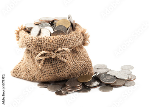 Bag Of Coins Isolated On A White Background This Stock