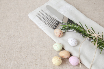 Wall Mural - Easter table setting copyspace background, selective focus,.