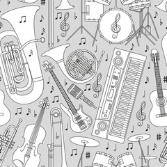 Wall Mural - Musical seamless pattern made of different musical instruments, treble clef and notes. Black and white colors. Set of line icons in music theme. Good for coloring books. Vector illustration.