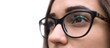 Close up of a young woman wearing glasses on white background