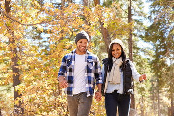 Wall Mural - African American Couple Walking Through Fall Woodland