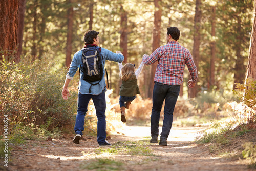 Gay Male Couple With Daughter Walking Through Fall Woodland Tablou Canvas