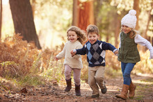 Group Of Young Children Running Along Path In Autumn Forest