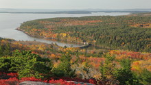 Early Morning, Aerial Pan Of Otter Cove, In Acadia National Park, Maine In Autumn. The Bridge Is Part Of Park Loop Road (aka Acadia All American Road).