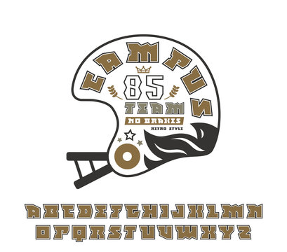 Square serif font with contour and rugby emblem