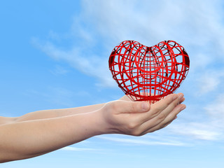 Poster - Conceptual human hand with heart and blue sky