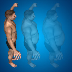 Human man fat and slim concept on blue