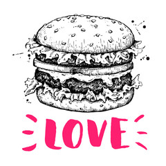 Wall Mural - Vector vintage burger label. Hand drawn monochrome fast food ill