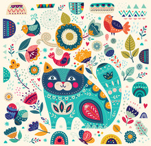 Vector Colorful Illustration With Beautiful Cat, Butterflies, Birds And Flowers