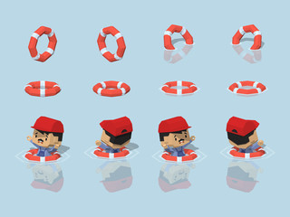 Low poly lifebuoy. 3D lowpoly isometric vector illustration. The set of objects isolated against the light-blue background and shown from different sides