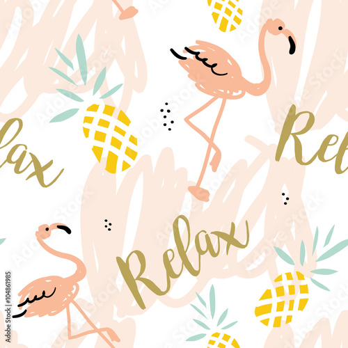 Fotografie, Obraz Blush pink flamingo, pineapples and message Relax on the white background with pastel strokes