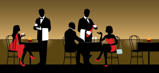 Wall Mural - People resting in night club or restaurant and the waiters servi