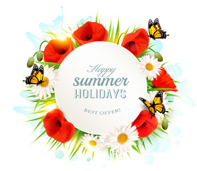 Poster - Happy summer holidays background with poppies, daisies and butte