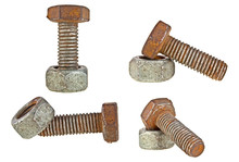 Set Of Old Rusty Bolt And Screw-nut Isolated On White Background