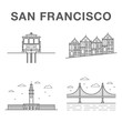 Big bundle of world famous San Francisco city landmarks: cable car, victorian houses, ferry building and golden gate bridge.