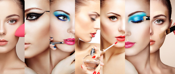 Wall Mural - beauty collage. faces of women. fashion photo. makeup artist applies lipstick and eye shadow. woman 
