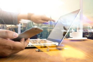 Poster -     Double exposure of designer hand working and smart phone and