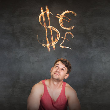 Man and currency symbol overhead