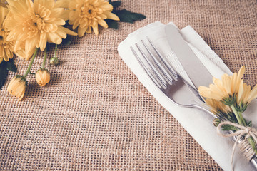 Wall Mural - flower table setting copyspace background, selective focus,.